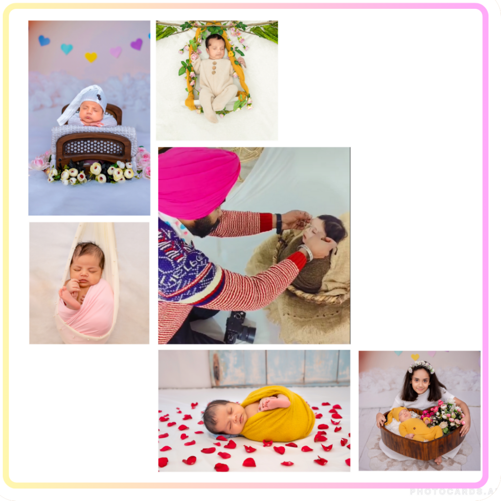 collage with the pictures of newborn babies and the behind the scenes of newborn photoshoot