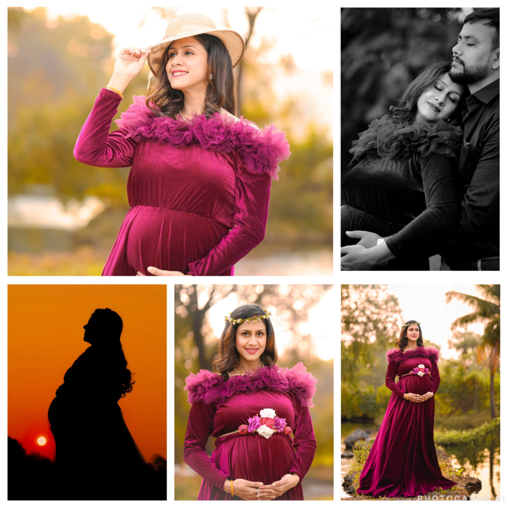 a collage of the a pregnant women wearing magenta dress