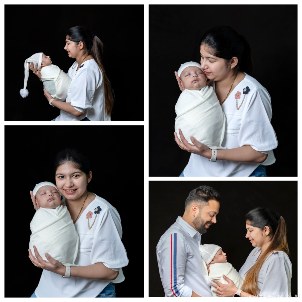 a collage of couple holding their baby in their hands and looking happy