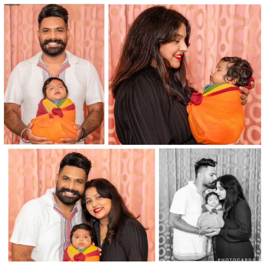 a collage of couple holding their newborn baby Smiling newborn baby wrapped in a orange cloth photographed for a newborn shoot in their hands and looking happy