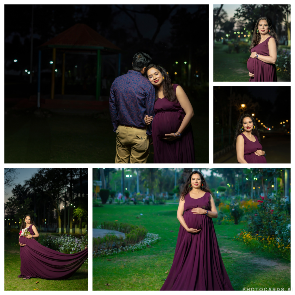 a collage of the a pregnant women wearing purple dress