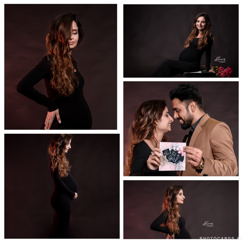 a collage of the a pregnant women wearing black dress